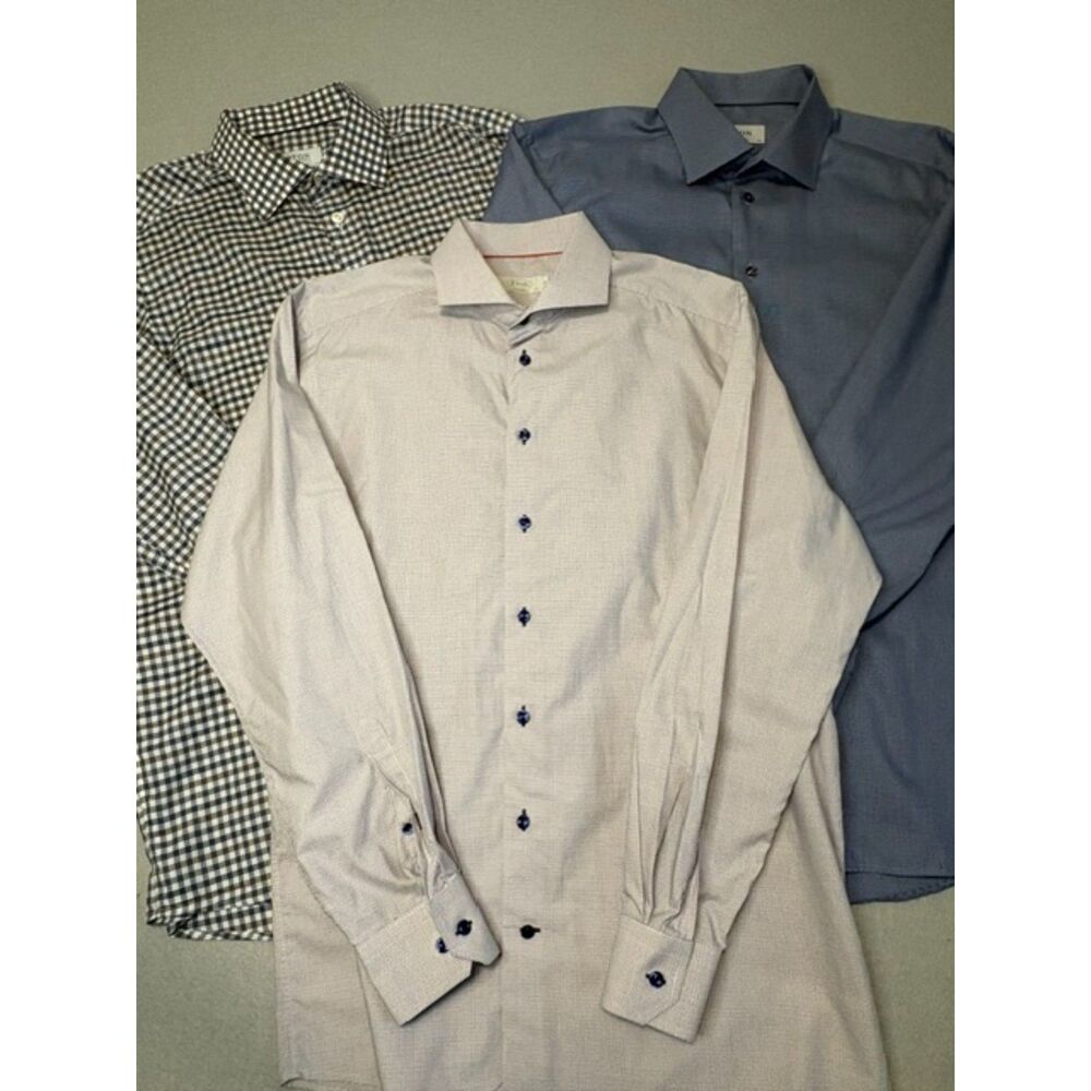 3 Men's Eton Long Sleeve Dress Shirts 44/17.5 Mix of Prints 100% Cotton